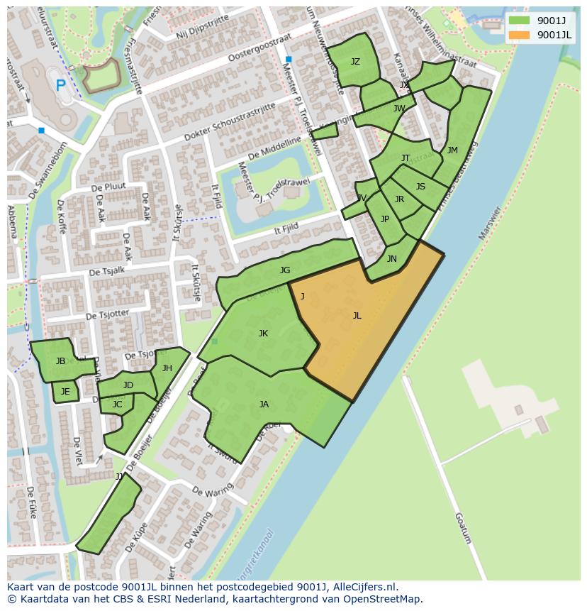 Afbeelding van het postcodegebied 9001 JL op de kaart.