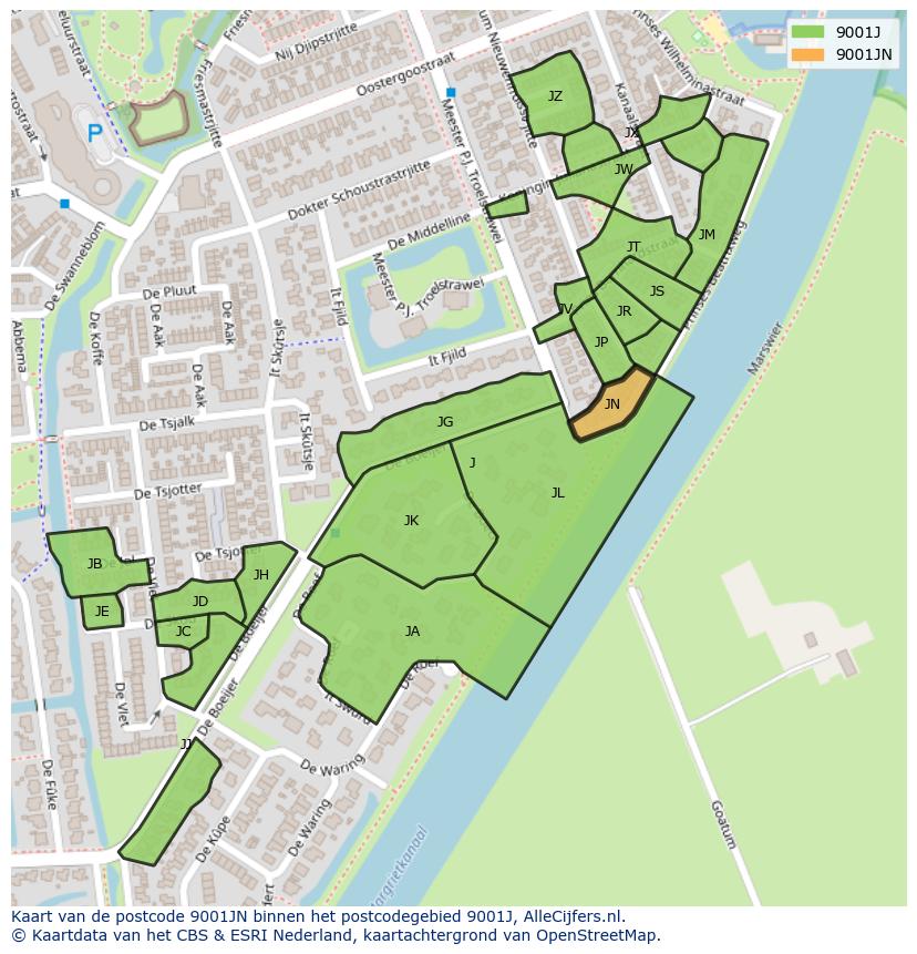 Afbeelding van het postcodegebied 9001 JN op de kaart.