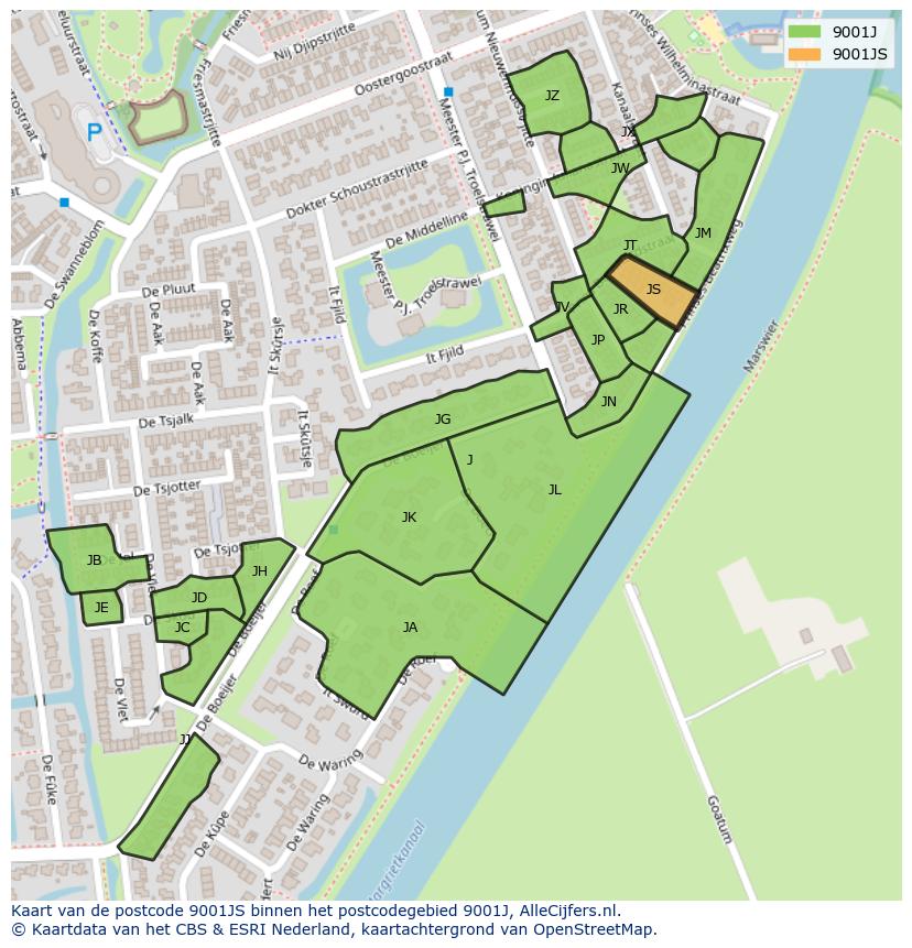Afbeelding van het postcodegebied 9001 JS op de kaart.