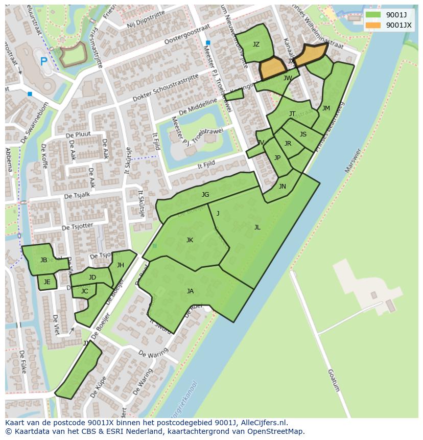 Afbeelding van het postcodegebied 9001 JX op de kaart.