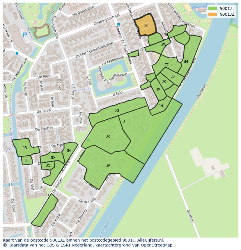 Afbeelding van het postcodegebied 9001 JZ op de kaart.
