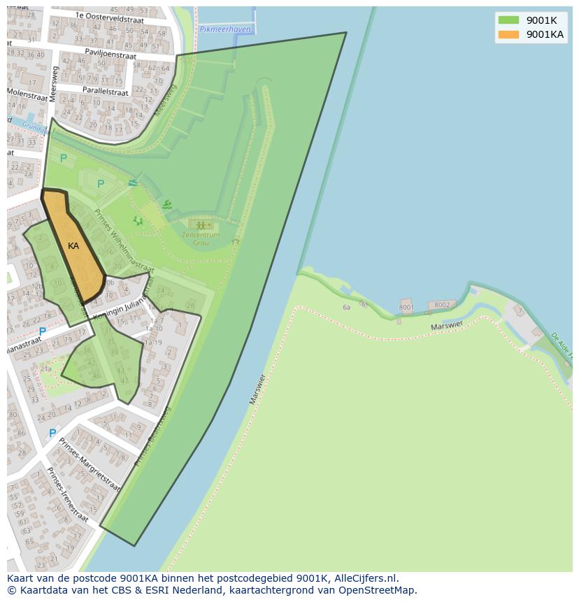 Afbeelding van het postcodegebied 9001 KA op de kaart.