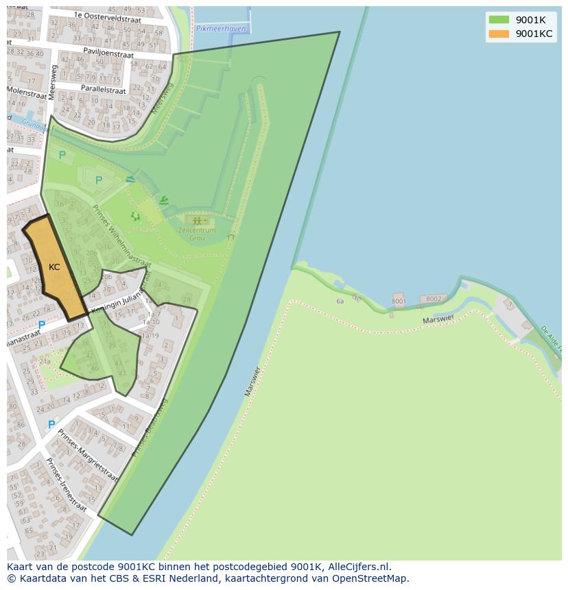 Afbeelding van het postcodegebied 9001 KC op de kaart.
