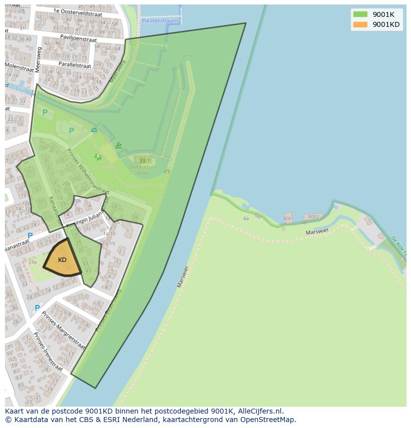 Afbeelding van het postcodegebied 9001 KD op de kaart.