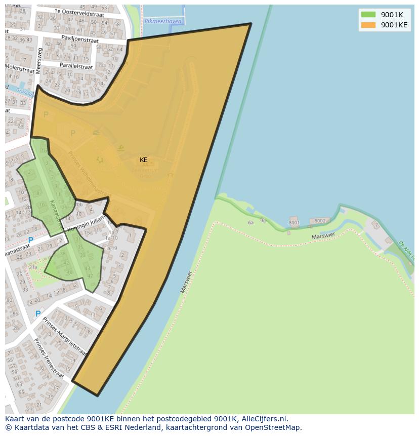Afbeelding van het postcodegebied 9001 KE op de kaart.