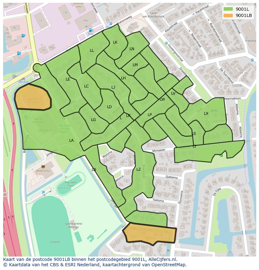 Afbeelding van het postcodegebied 9001 LB op de kaart.