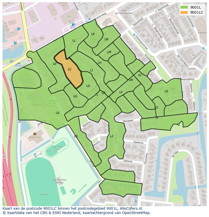 Afbeelding van het postcodegebied 9001 LC op de kaart.
