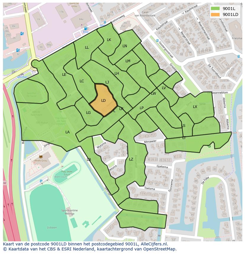 Afbeelding van het postcodegebied 9001 LD op de kaart.