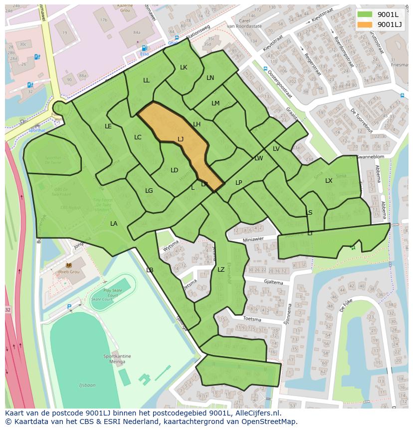 Afbeelding van het postcodegebied 9001 LJ op de kaart.