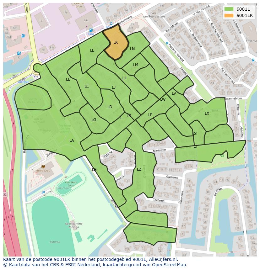 Afbeelding van het postcodegebied 9001 LK op de kaart.