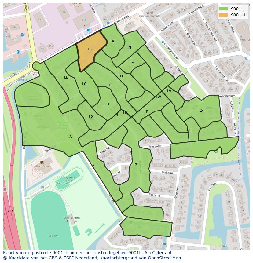 Afbeelding van het postcodegebied 9001 LL op de kaart.
