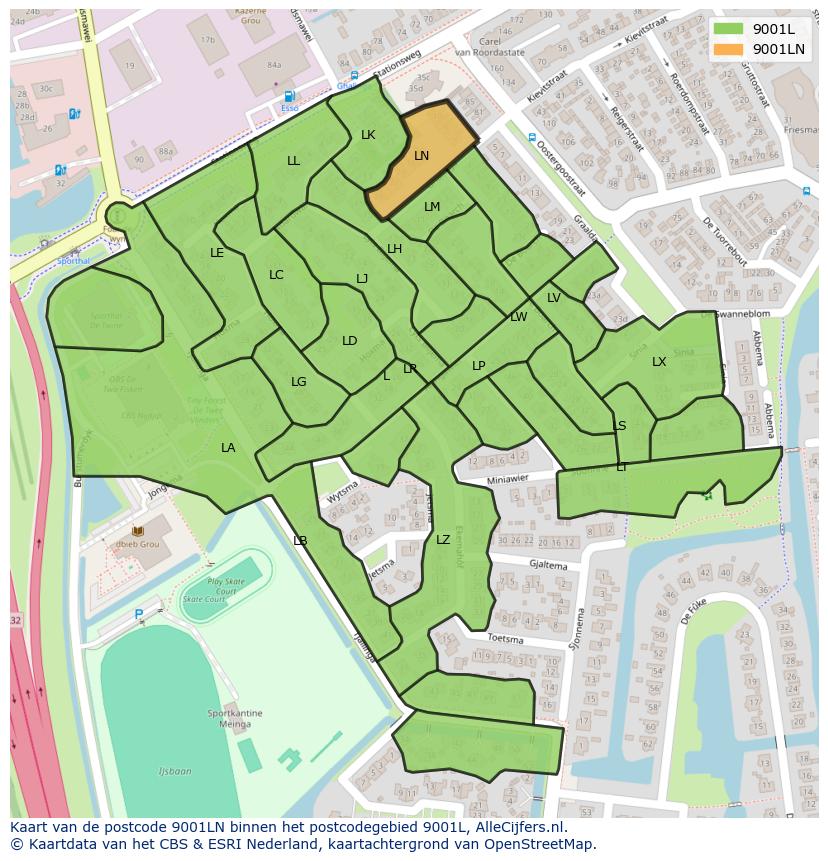Afbeelding van het postcodegebied 9001 LN op de kaart.