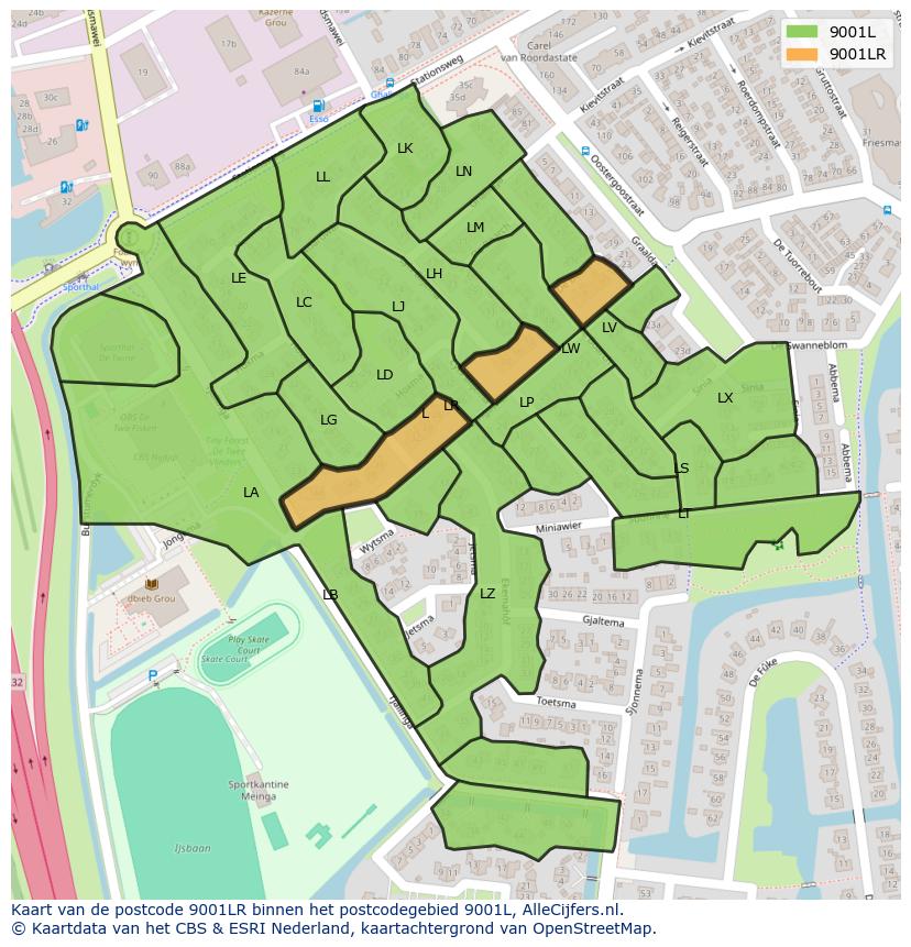 Afbeelding van het postcodegebied 9001 LR op de kaart.