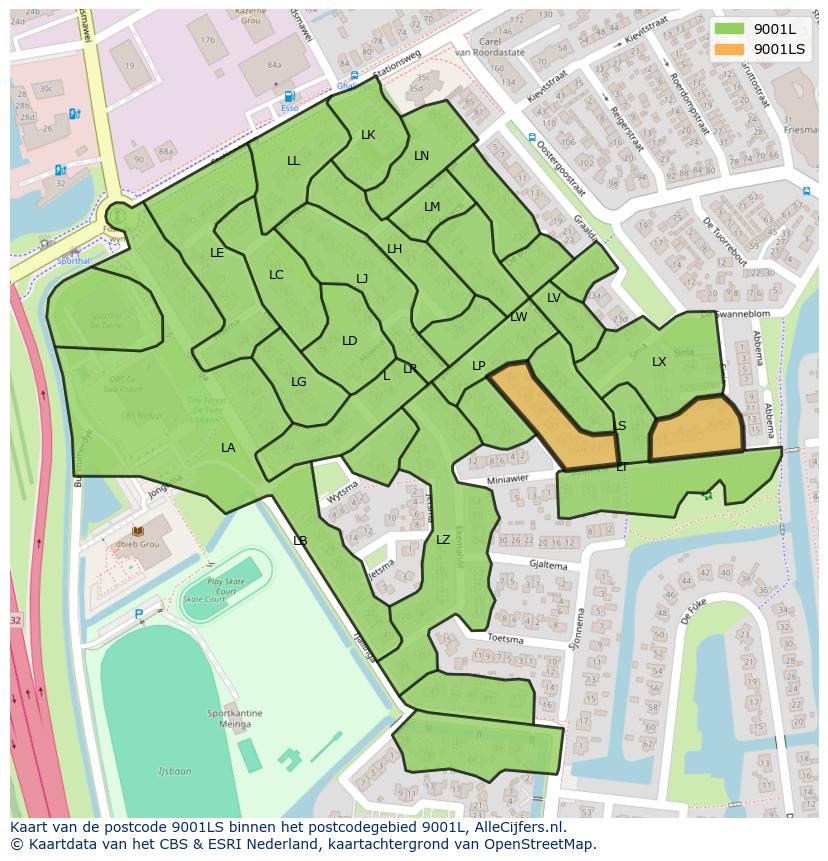 Afbeelding van het postcodegebied 9001 LS op de kaart.