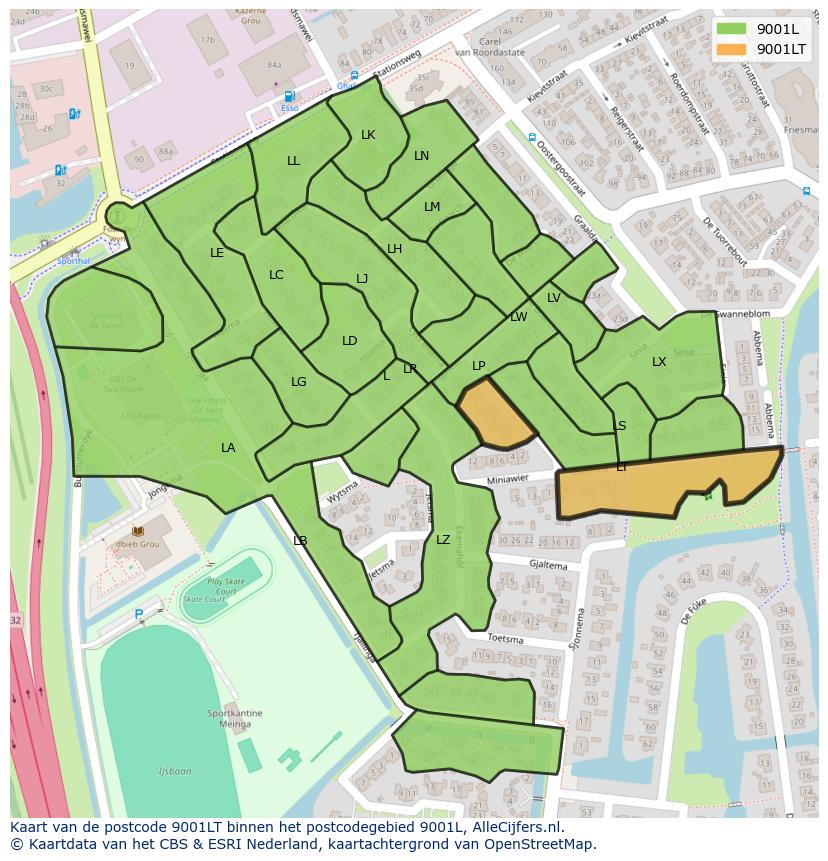 Afbeelding van het postcodegebied 9001 LT op de kaart.