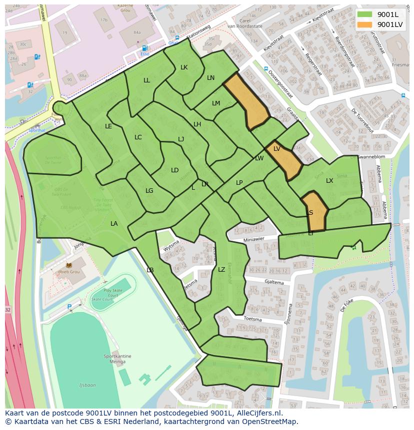 Afbeelding van het postcodegebied 9001 LV op de kaart.