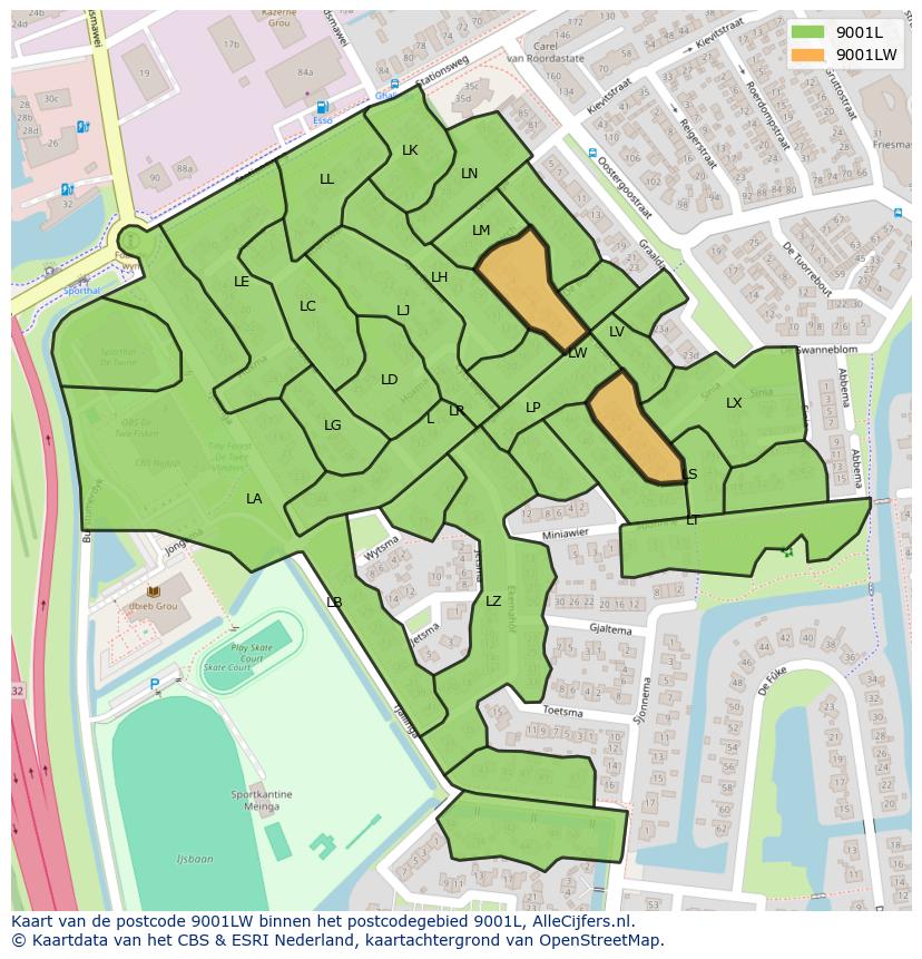 Afbeelding van het postcodegebied 9001 LW op de kaart.