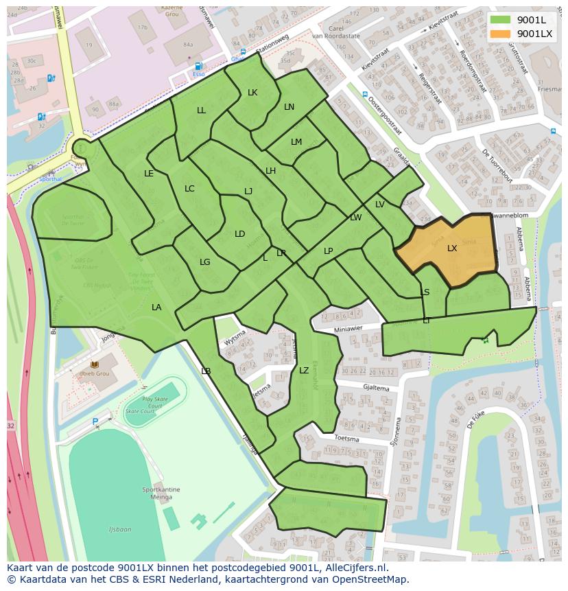 Afbeelding van het postcodegebied 9001 LX op de kaart.