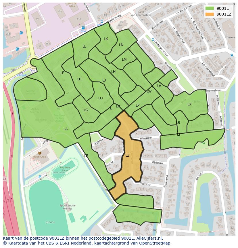 Afbeelding van het postcodegebied 9001 LZ op de kaart.