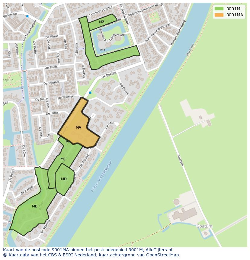 Afbeelding van het postcodegebied 9001 MA op de kaart.