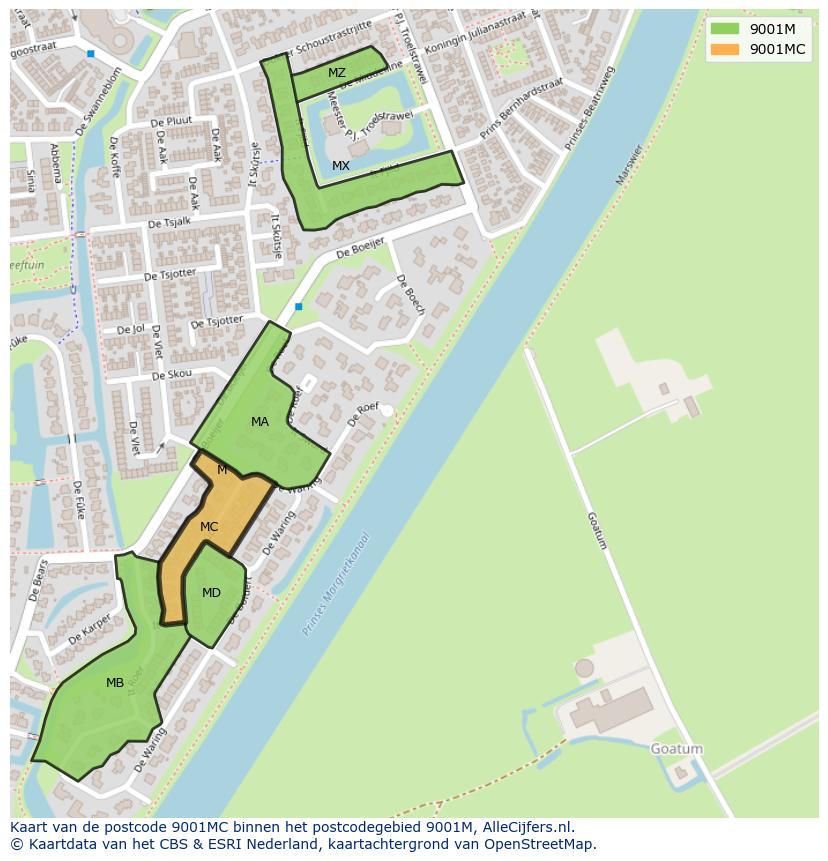 Afbeelding van het postcodegebied 9001 MC op de kaart.