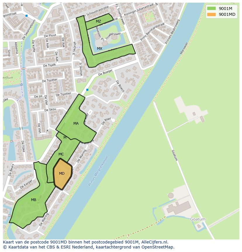 Afbeelding van het postcodegebied 9001 MD op de kaart.