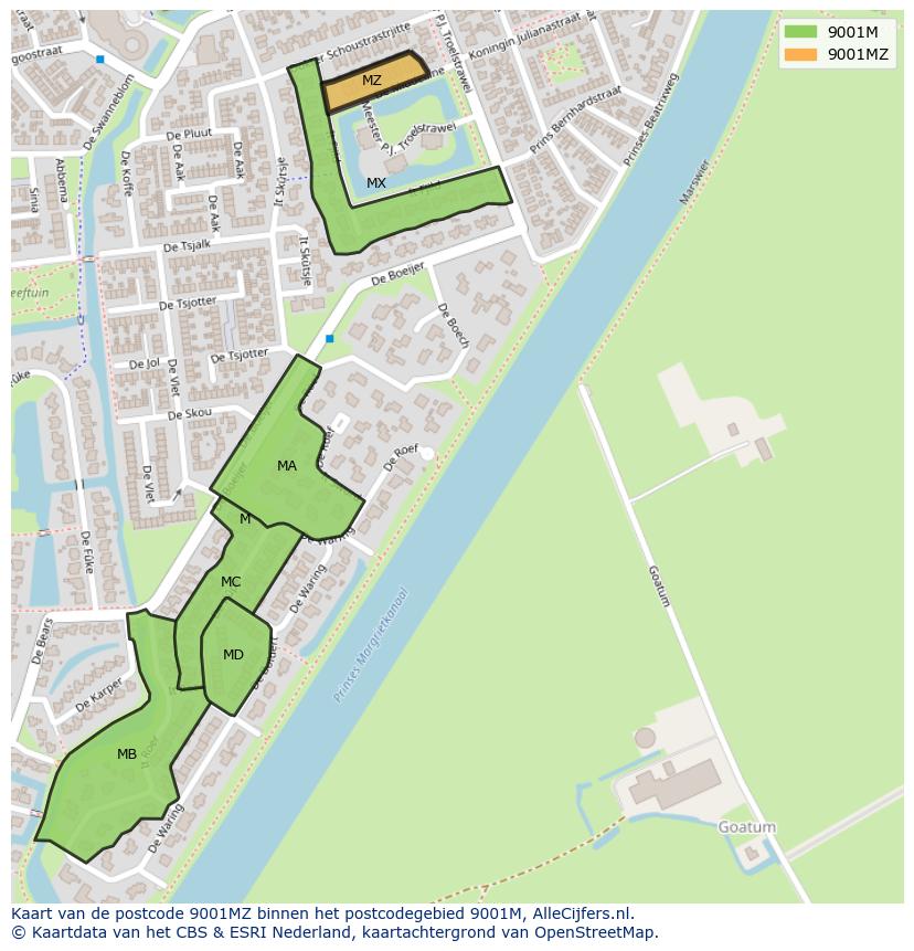 Afbeelding van het postcodegebied 9001 MZ op de kaart.
