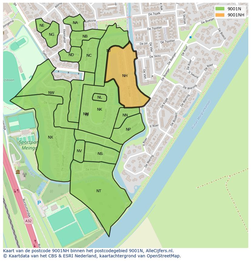 Afbeelding van het postcodegebied 9001 NH op de kaart.
