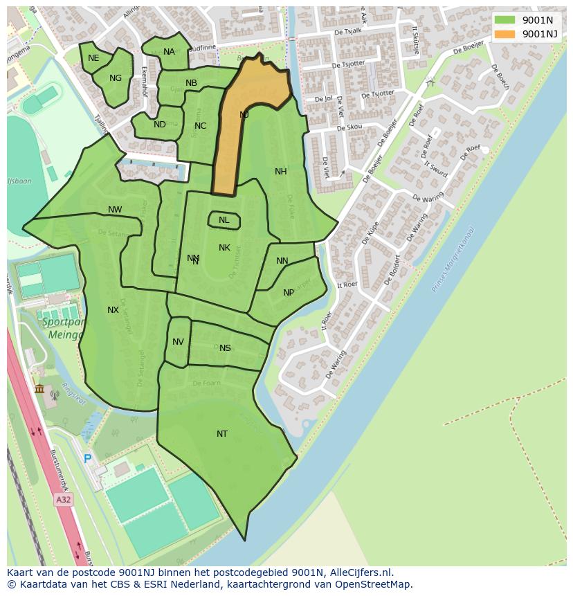 Afbeelding van het postcodegebied 9001 NJ op de kaart.
