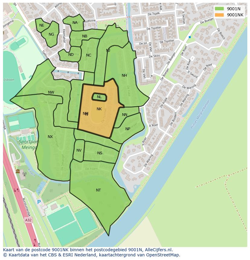Afbeelding van het postcodegebied 9001 NK op de kaart.
