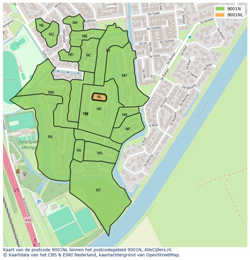 Afbeelding van het postcodegebied 9001 NL op de kaart.