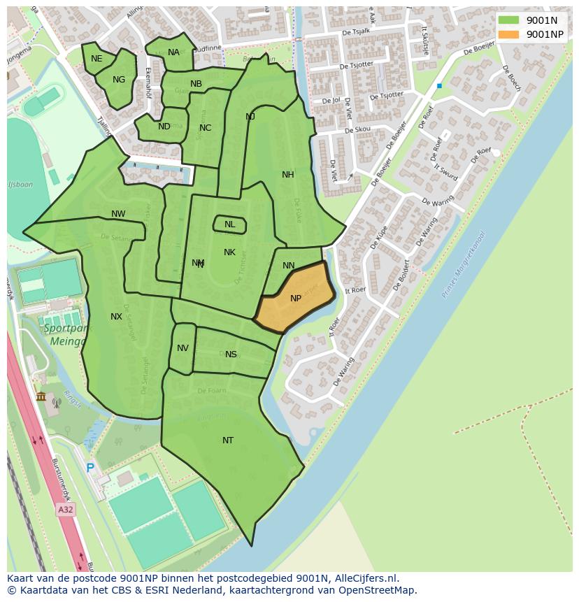 Afbeelding van het postcodegebied 9001 NP op de kaart.
