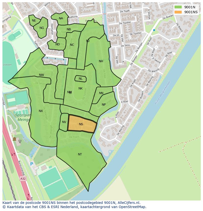 Afbeelding van het postcodegebied 9001 NS op de kaart.