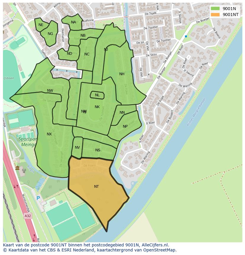 Afbeelding van het postcodegebied 9001 NT op de kaart.