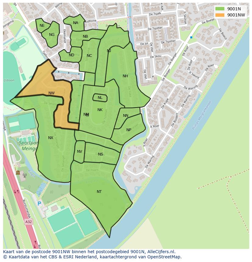 Afbeelding van het postcodegebied 9001 NW op de kaart.