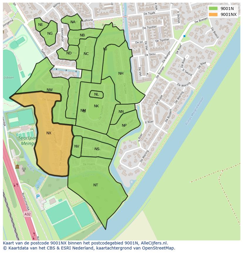 Afbeelding van het postcodegebied 9001 NX op de kaart.