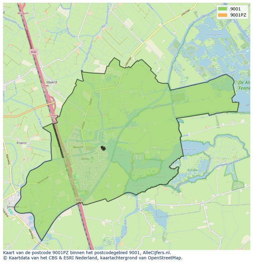 Afbeelding van het postcodegebied 9001 PZ op de kaart.