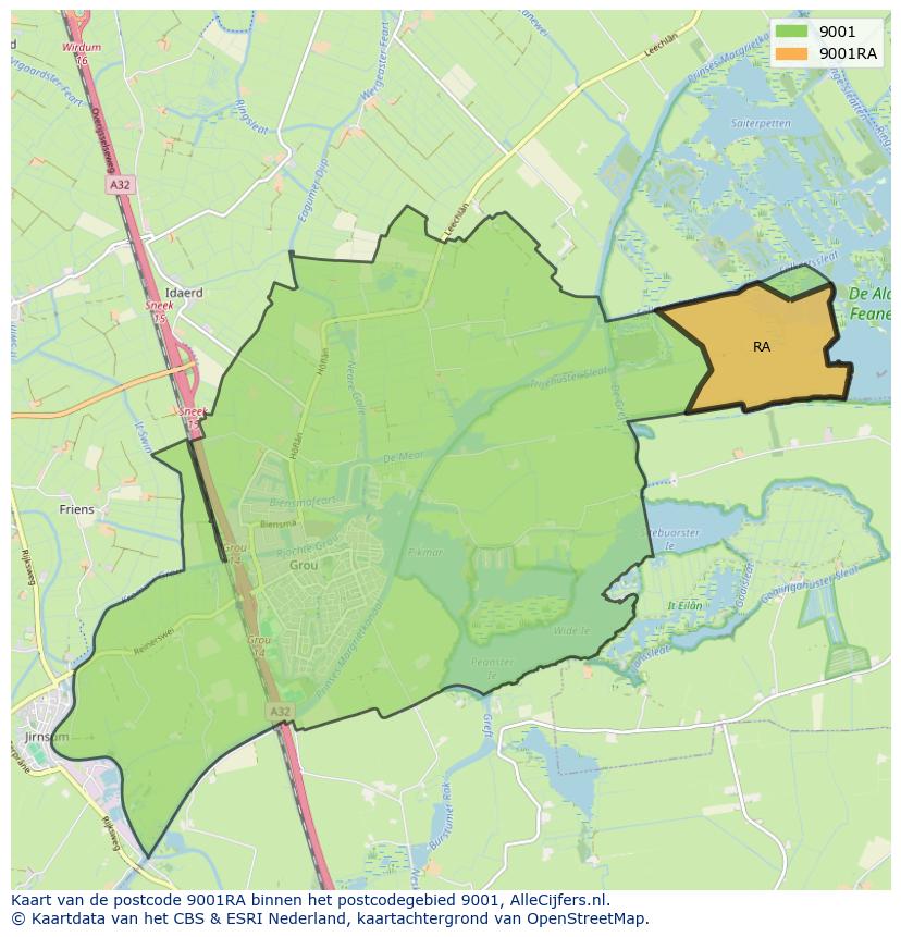Afbeelding van het postcodegebied 9001 RA op de kaart.