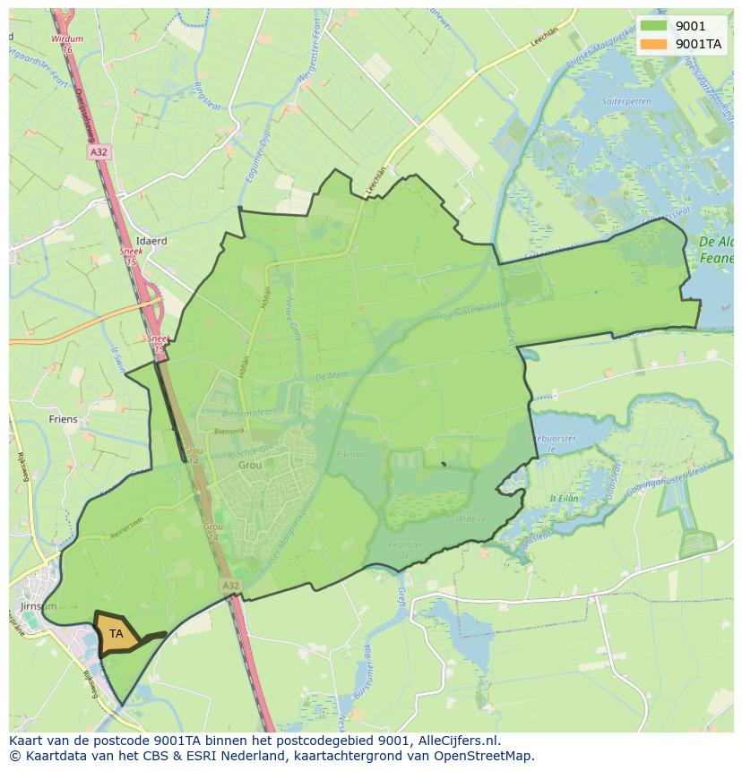 Afbeelding van het postcodegebied 9001 TA op de kaart.