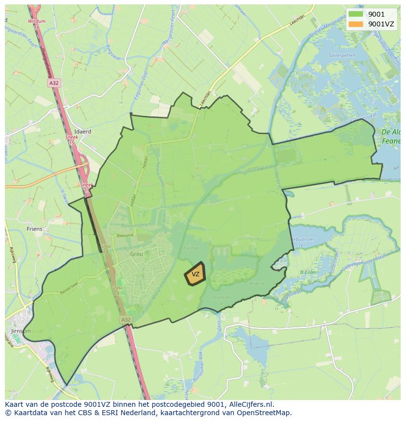 Afbeelding van het postcodegebied 9001 VZ op de kaart.