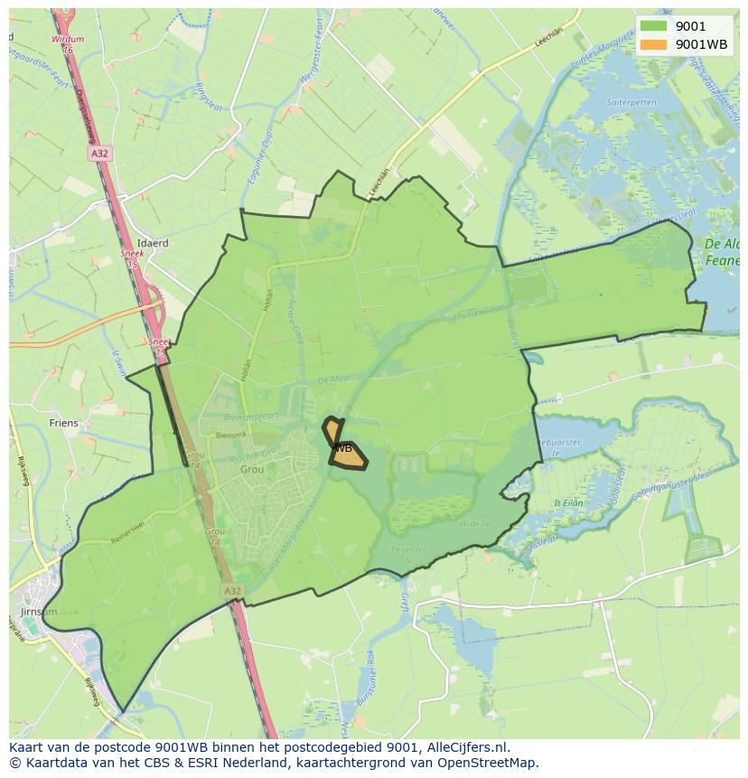 Afbeelding van het postcodegebied 9001 WB op de kaart.