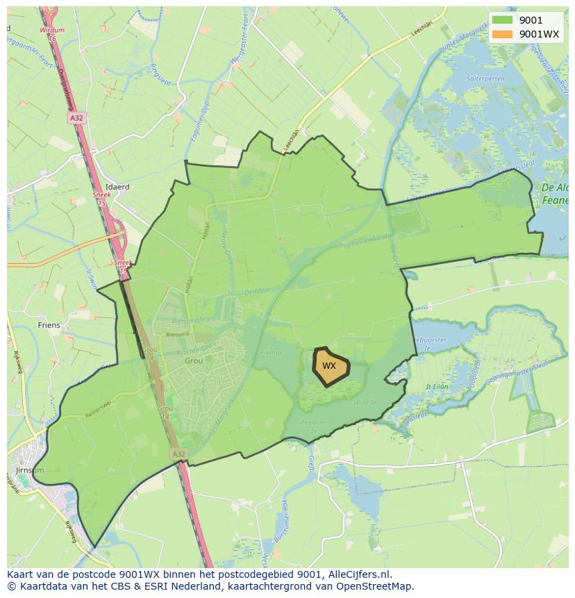 Afbeelding van het postcodegebied 9001 WX op de kaart.