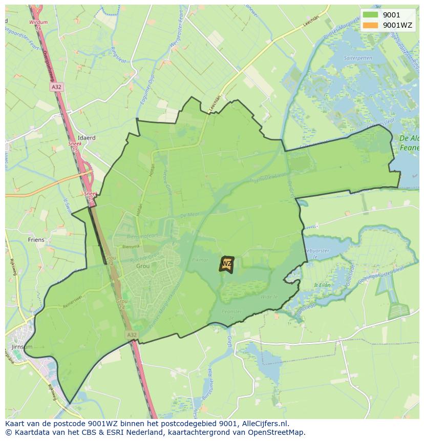 Afbeelding van het postcodegebied 9001 WZ op de kaart.