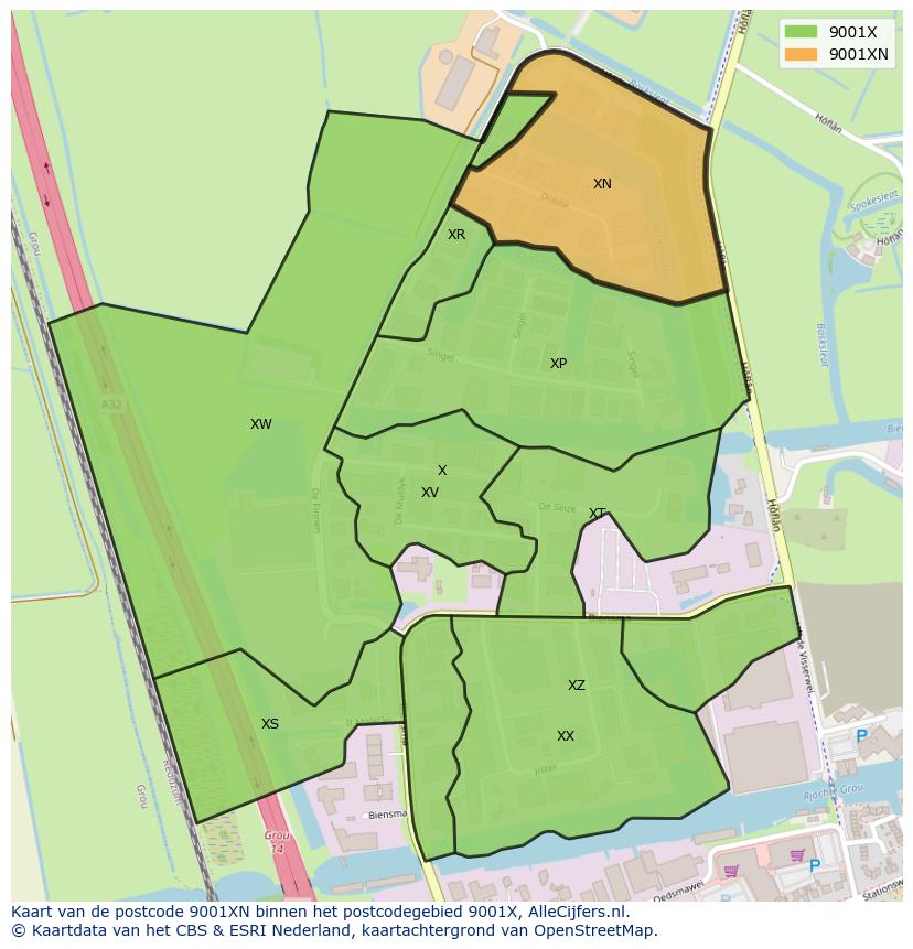 Afbeelding van het postcodegebied 9001 XN op de kaart.