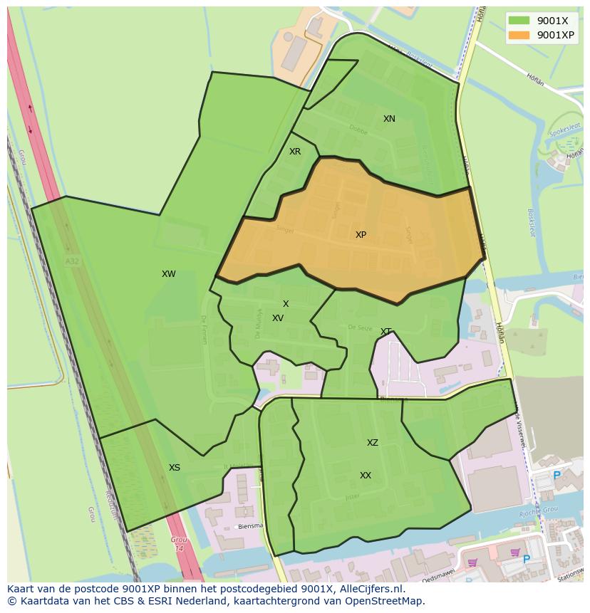 Afbeelding van het postcodegebied 9001 XP op de kaart.