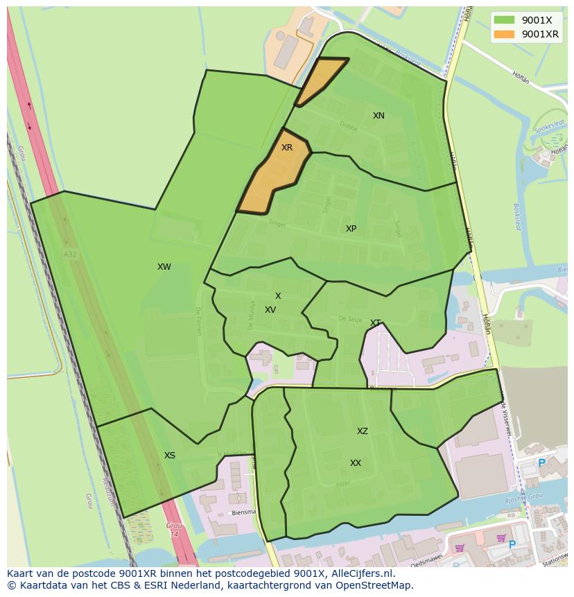 Afbeelding van het postcodegebied 9001 XR op de kaart.