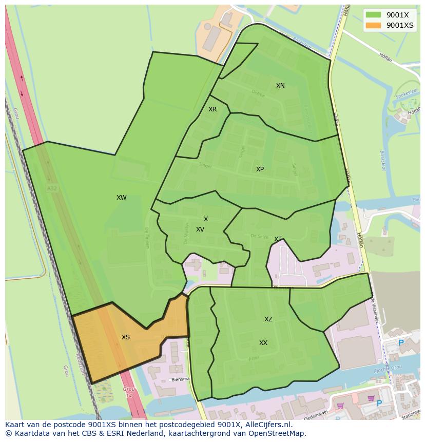 Afbeelding van het postcodegebied 9001 XS op de kaart.