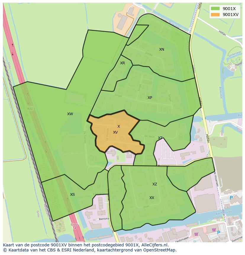 Afbeelding van het postcodegebied 9001 XV op de kaart.
