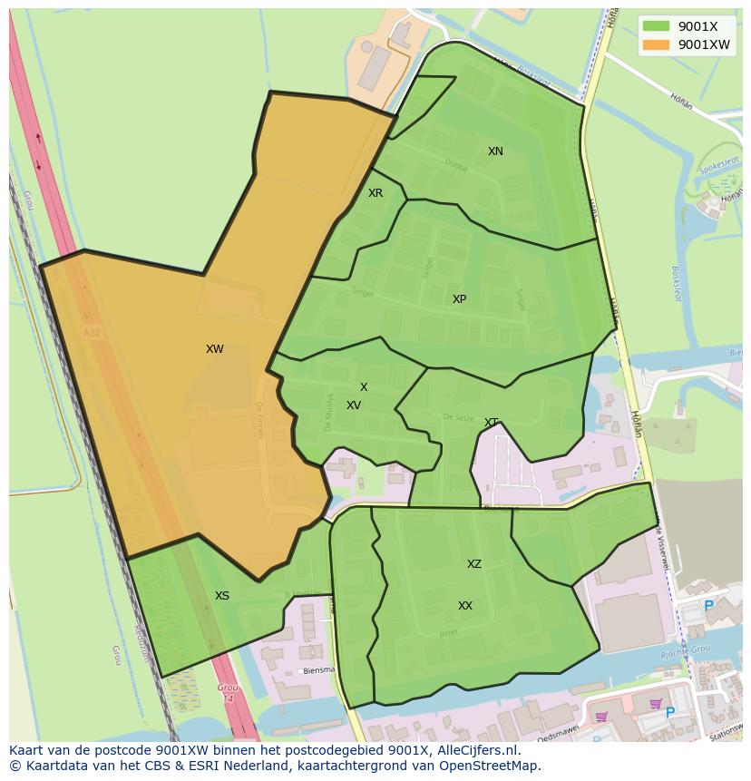 Afbeelding van het postcodegebied 9001 XW op de kaart.