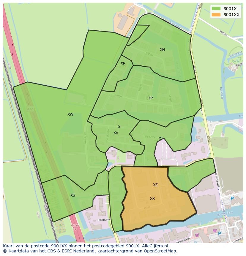 Afbeelding van het postcodegebied 9001 XX op de kaart.